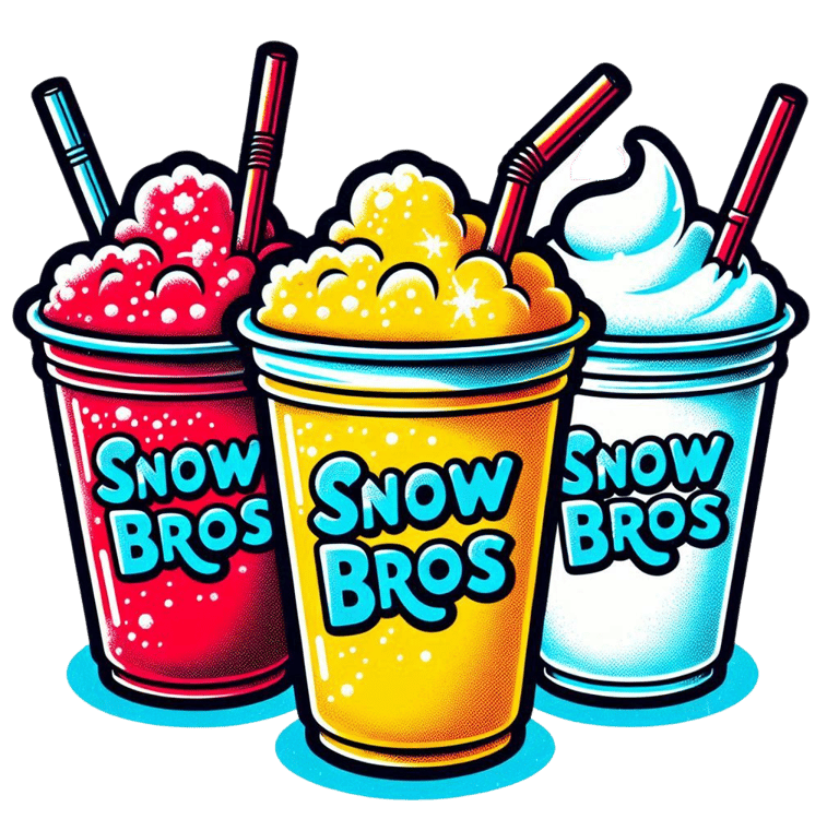 In a row, two slushies and a milkshake with business name "Snow Bros".