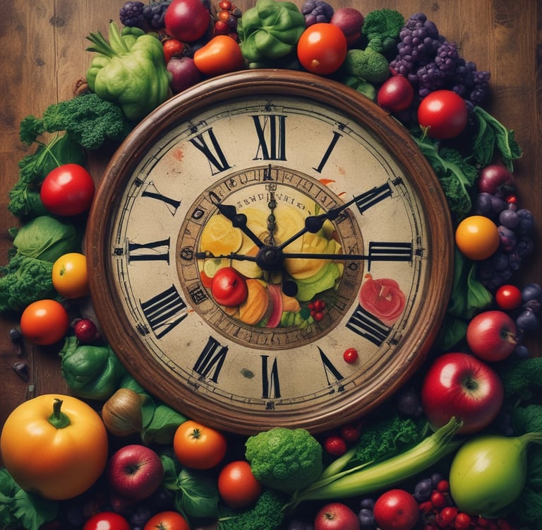 A clock with fruits and vegetables. Nutrition Coach. Healthy Eating. IBD Coach.