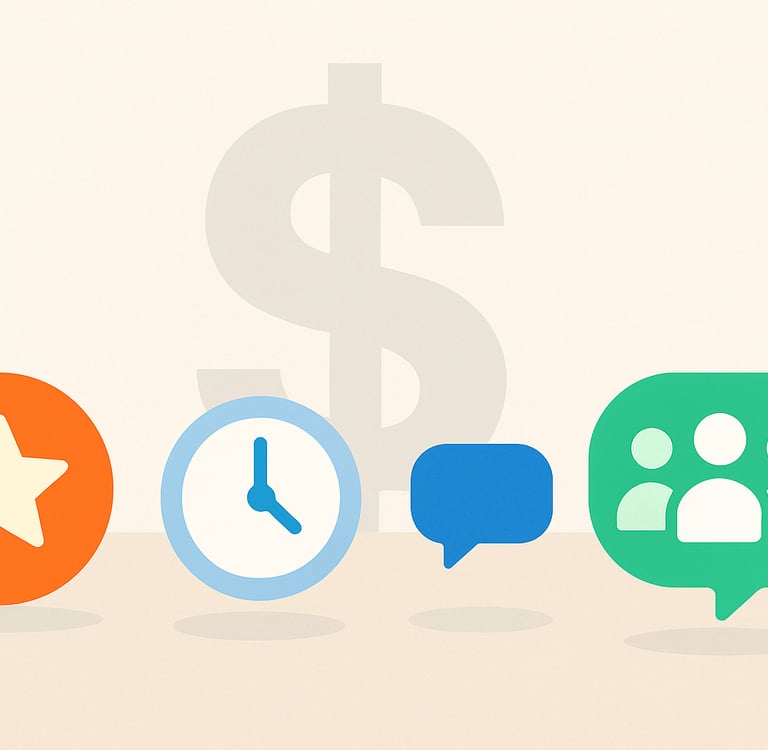 Ilustración minimalista con un gran signo de dólar difuminado en el fondo y cuatro íconos coloridos