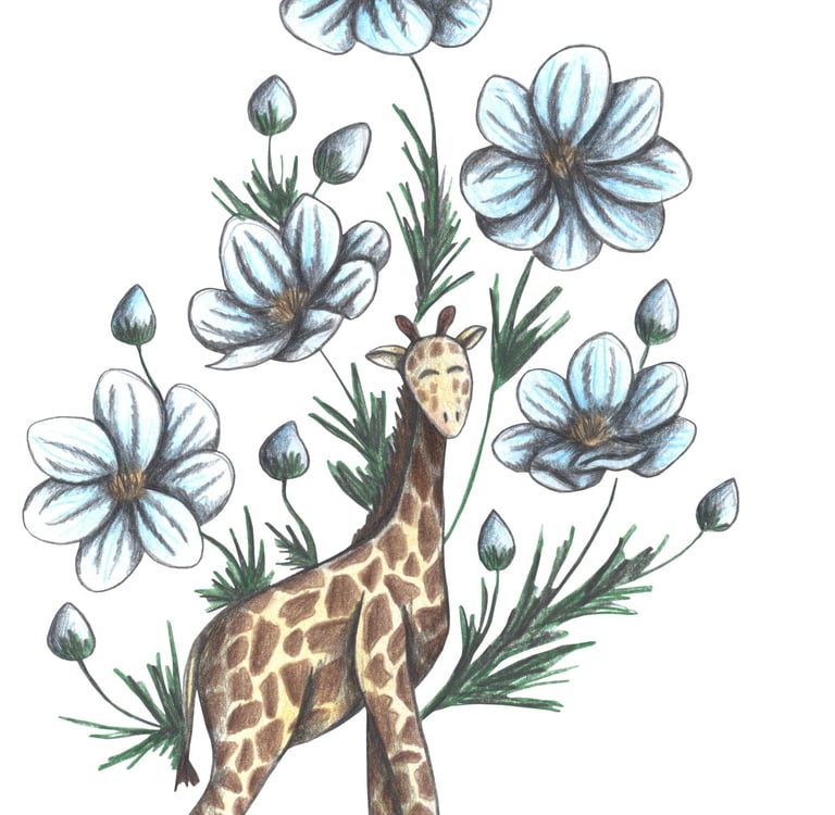 Hand-drawn illustration of a giraffe surrounded by blue flowers