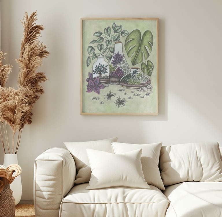 Terrariums Illustration Wall Art in a Living Room