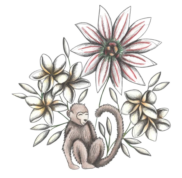 Hand-drawn illustration of a monkey surrounded by white tropical flowers