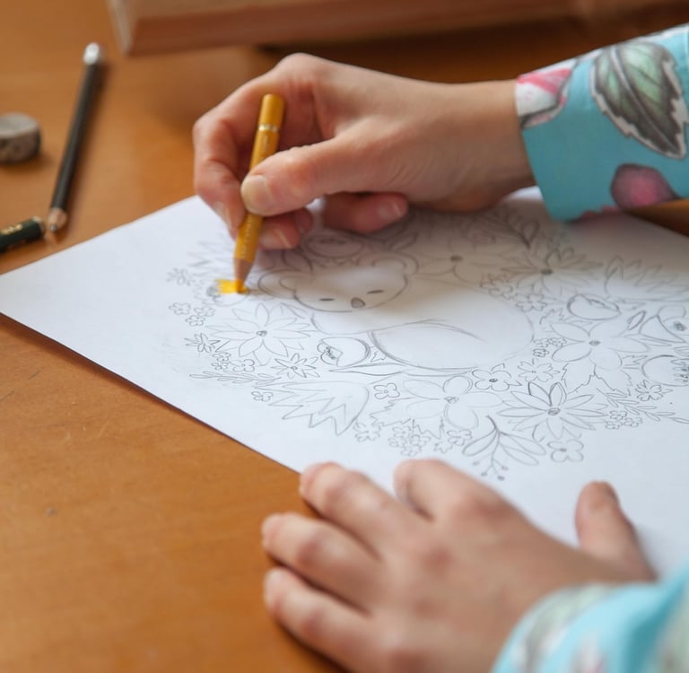 Hands making a koala illustration with colored pencils