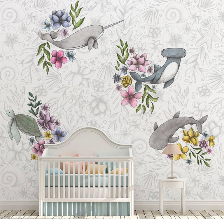 Kids Bedroom with a sea creatures and flowers Wallpaper