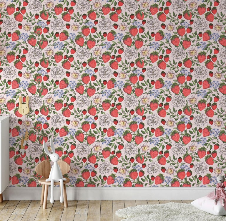 Kids Bedroom with a Strawberries Wallpaper