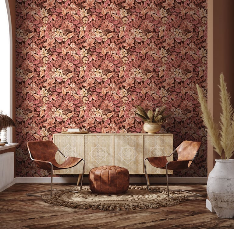 Living Room with a fall leaves wallpaper