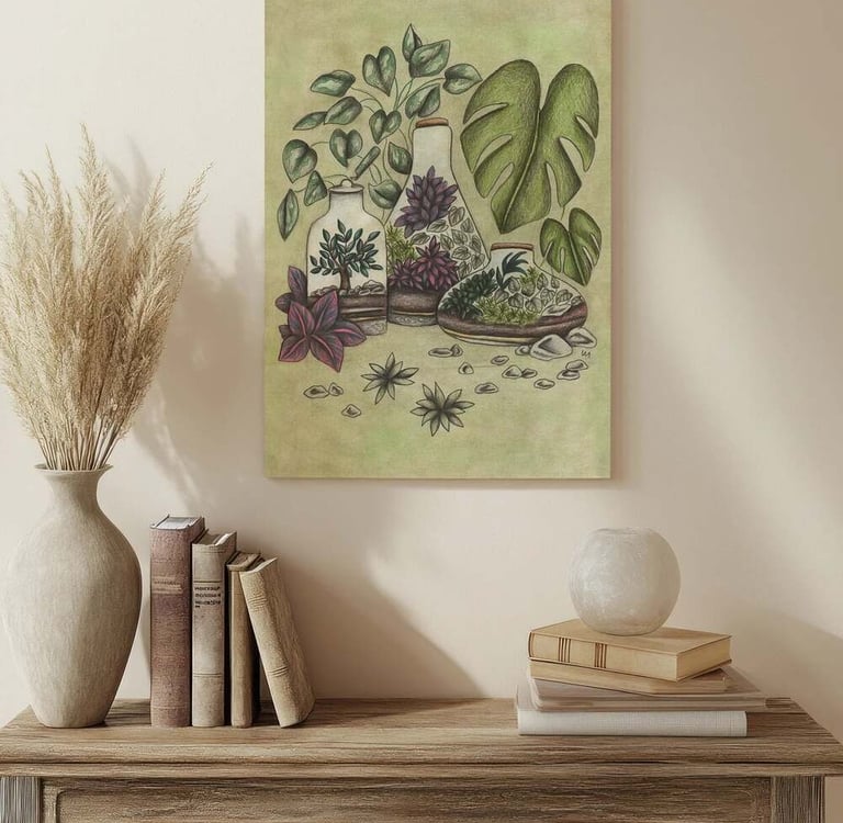 Terrariums Illustration Wall Art in a Living Room
