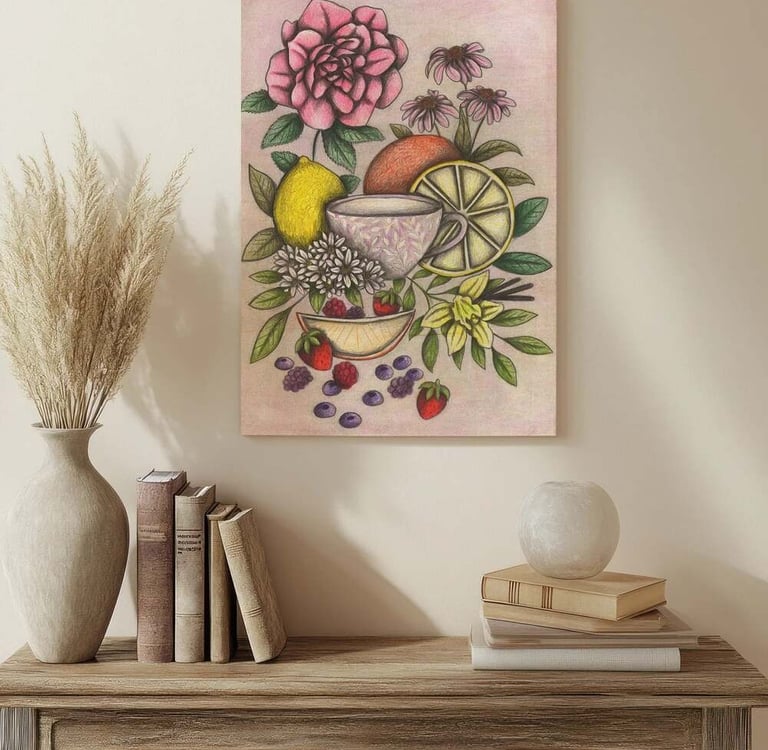 Teacup Illustration Wall Art in a Living Room