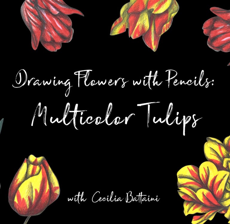 Drawing Flowers with Pencils: Multicolor Tulips text surrounded by hand-drawn floral illustrations