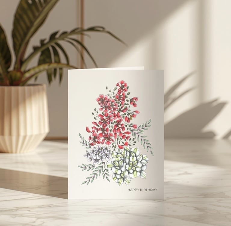 Greeting Card with a floral illustration, on a floor surrounded by a potted plant