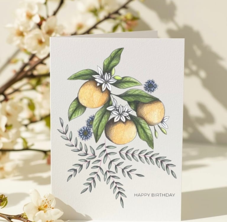 Greeting Card with a Orange Fruit illustration, surrounded by white flowers