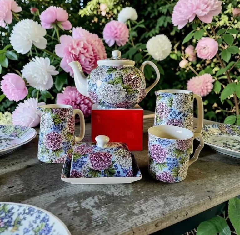 Teapot and other ceramics featuring a floral pattern, on a table surrounded by flowers