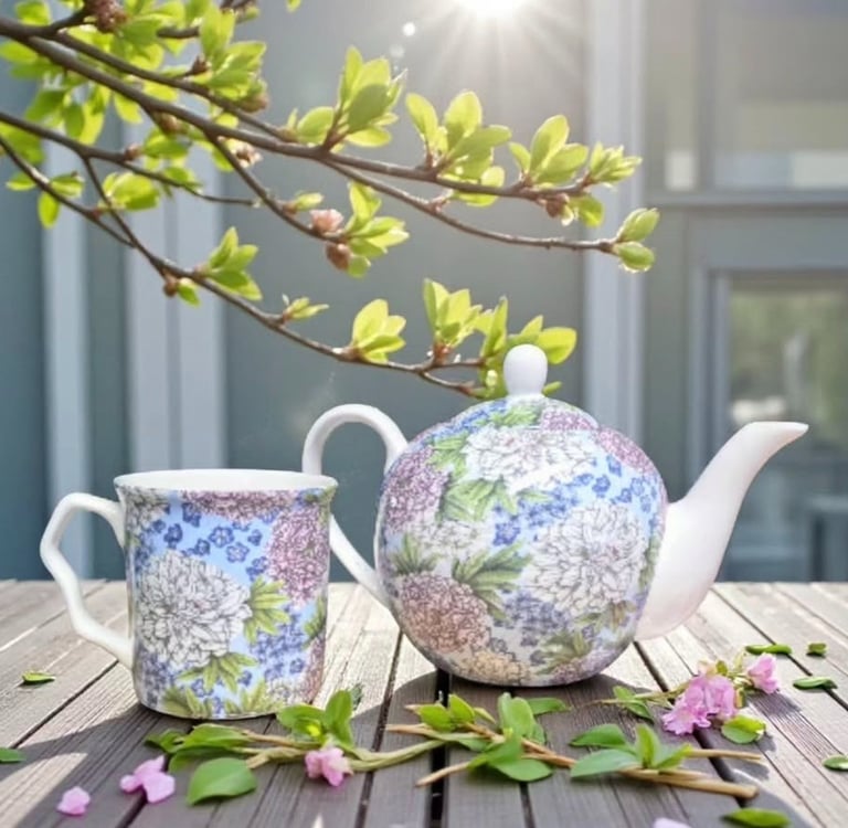Teapot and Mug with a Floral Pattern