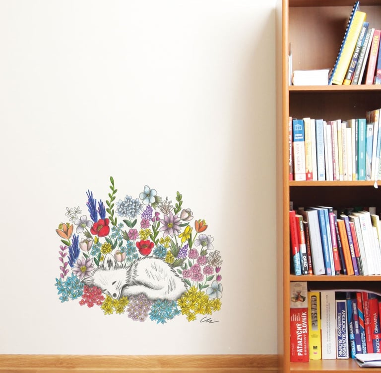 White wall with a hand-drawn fox illustration wall sticker