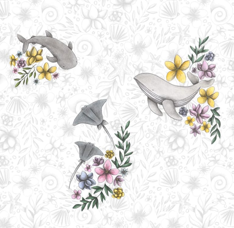 Sea Creatures and Flowers hand-drawn illustration