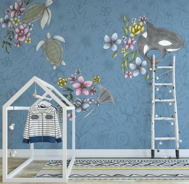 Kids Bedroom with a sea creatures and flowers Wallpaper