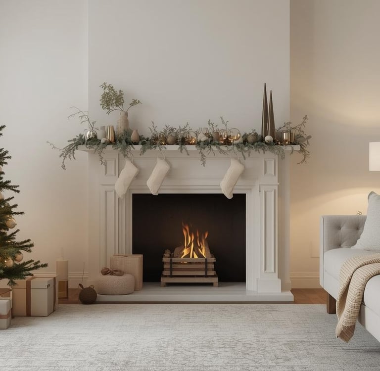 Elegant neutral holiday living room with simple, intentional Christmas décor.