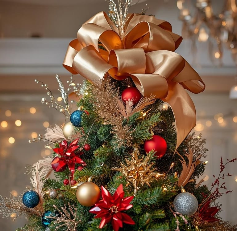 Christmas tree topper with champagne bow, metallic stems, glowing golden lights, and colorful pieces