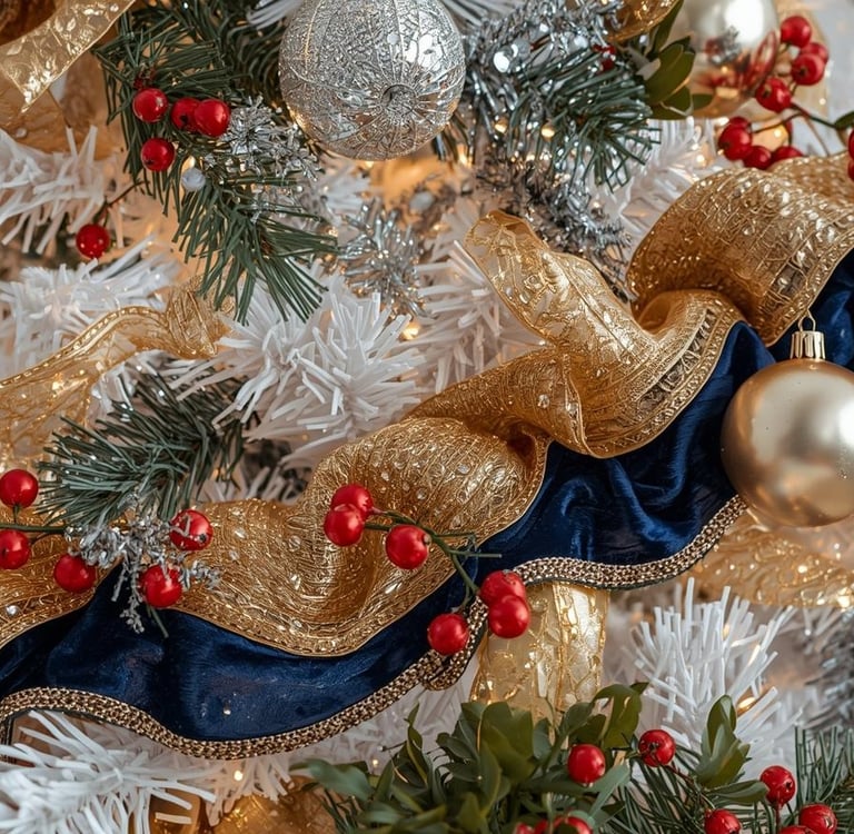 Christmas tree with velvet and satin ribbons in gold, blue and gold draped among ornaments.