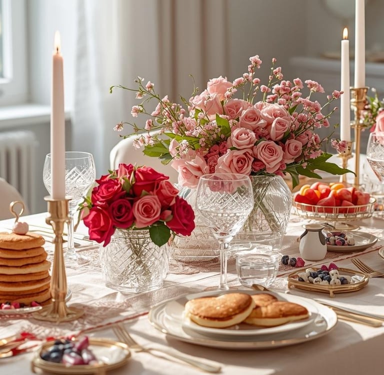 a Valentine's table with a table setting with a sophisticated table setting