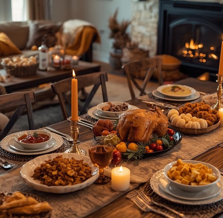 Beautiful Thanksgiving dining table filled with food, candles, and warm family celebration vibes