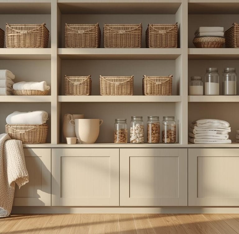 organized kitchen with lots of baskets for storage and make it seem more clutter-free