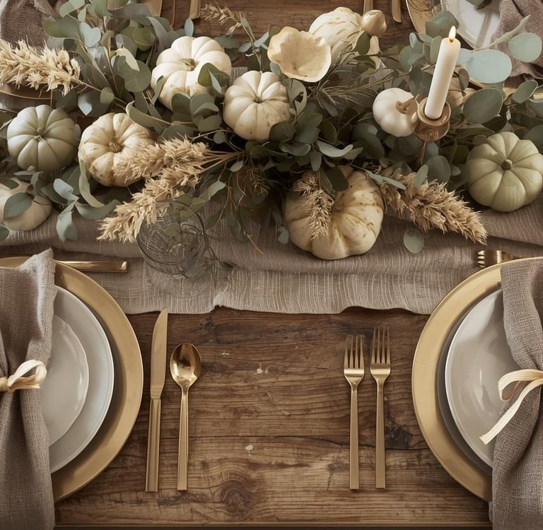 Neutral-toned Thanksgiving table setting with layered textures, candles, & a cozy, homey atmosphere