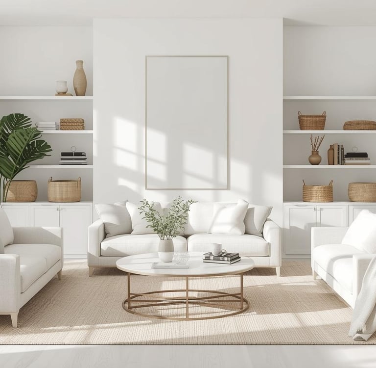 Bright minimalist living room with clean shelves and cozy neutral décor.