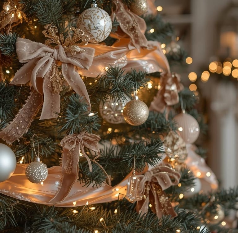 Christmas tree with heirloom ornaments, velvet ribbons, and warm lights.