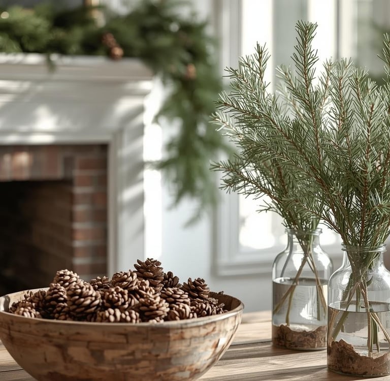 Living room with pine garlands, cedar sprigs, and cozy natural Christmas accents.