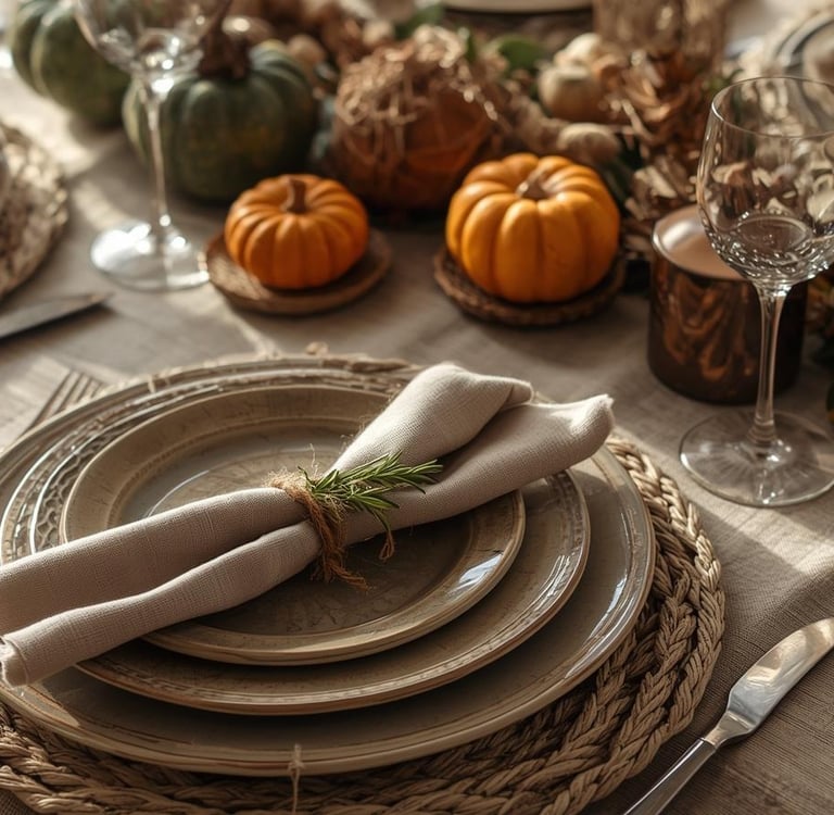 Thanksgiving place setting with stacked plates, woven placemats and linen napkins arranged with love