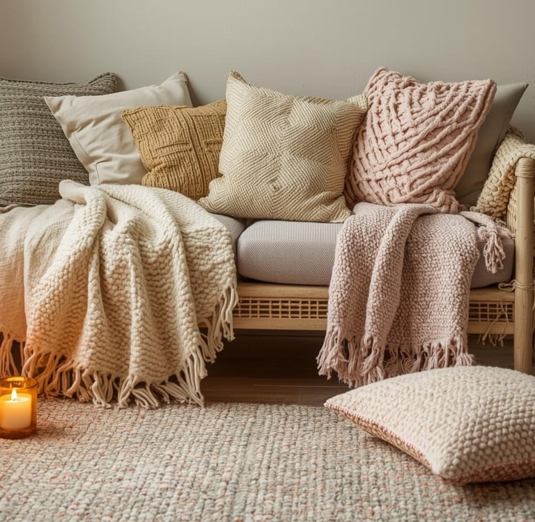 Cozy wellness nook with soft blankets, warm lighting, and calming natural textures.