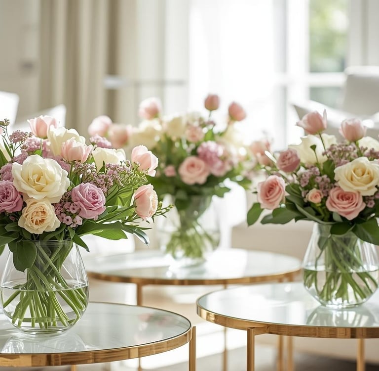 Soft pastel flowers in small vases arranged for Valentine’s décor.
