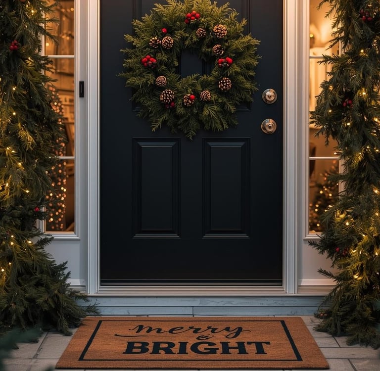 Front door with Christmas wreath, garland, and festive layered doormat.