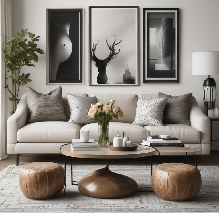Gallery wall with framed art and photos arranged above a console table with cozy décor accents.