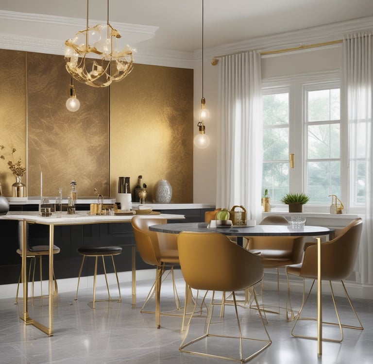 a dining room with a table and chairs and a touch of gold