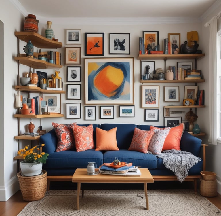 Colorful home display with art, souvenirs, and bold décor pieces reflecting personality and style.