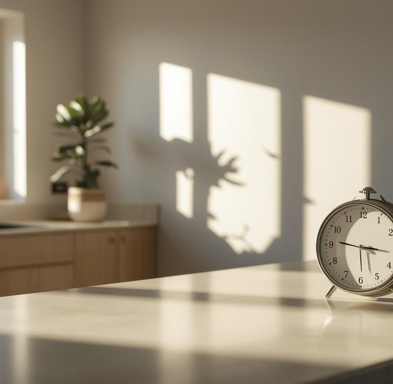 Tidy home scene with visible clock showing timed cleaning session.