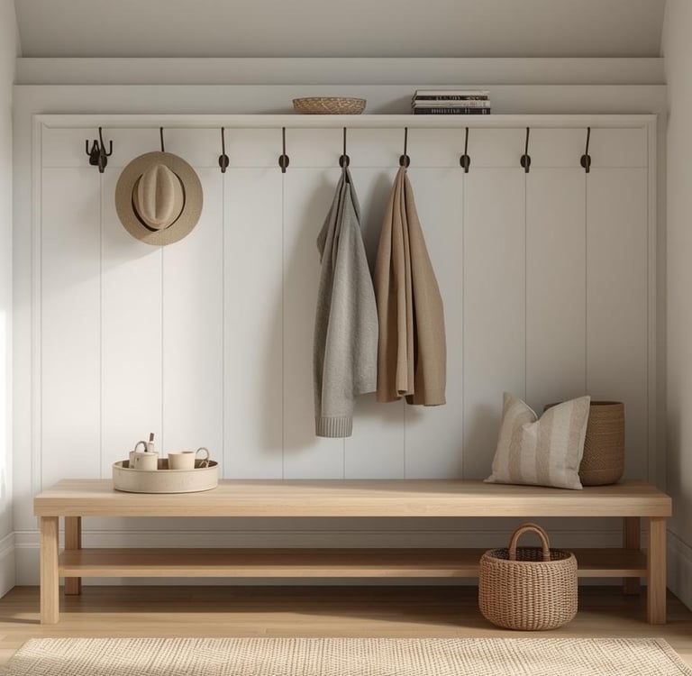 Tidy entryway with hooks, key tray, and basket for mail.