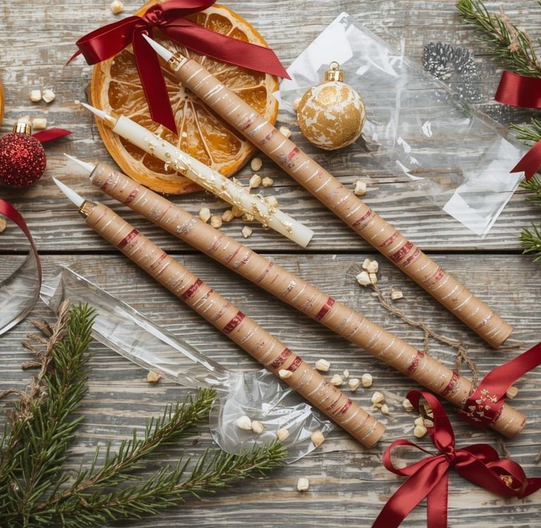 DIY Christmas crafts with oranges, ribbons, and handmade ornaments.