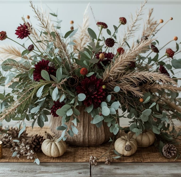 a vase with flowers and candles on a table