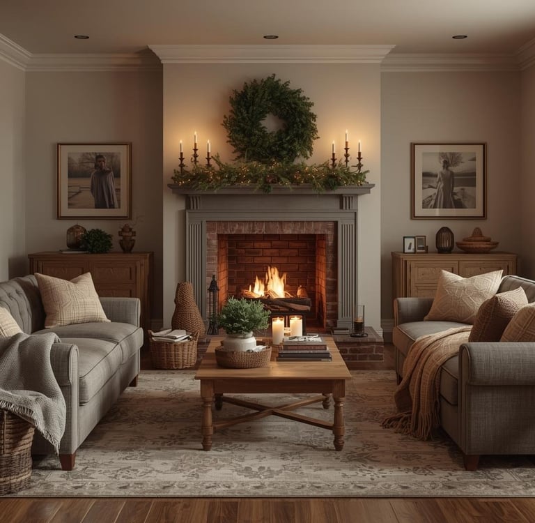 cozy modern living room with a fireplace for winter