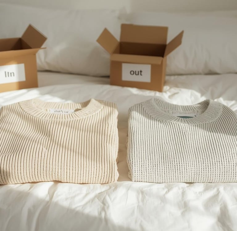 Two folded sweaters on bed showing one in, one out rule.