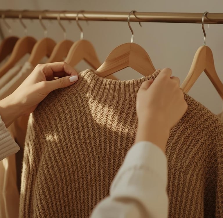 Minimalist closet with person swapping one item for another.