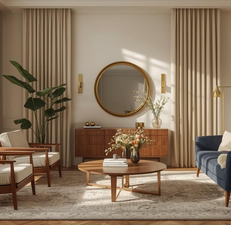 a modern living room with a couch, chairs, and a mirror with a golden touch