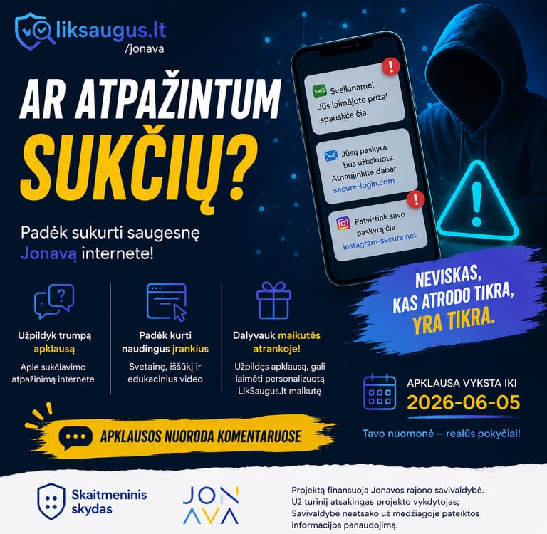 Educational infographic about online fraud prevention and phishing scams awareness in Jonava.