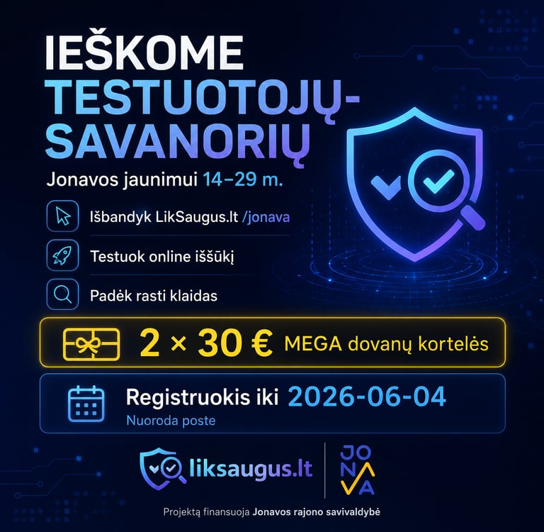 Digital poster for volunteer website testers in Jonava with prize gift card details.
