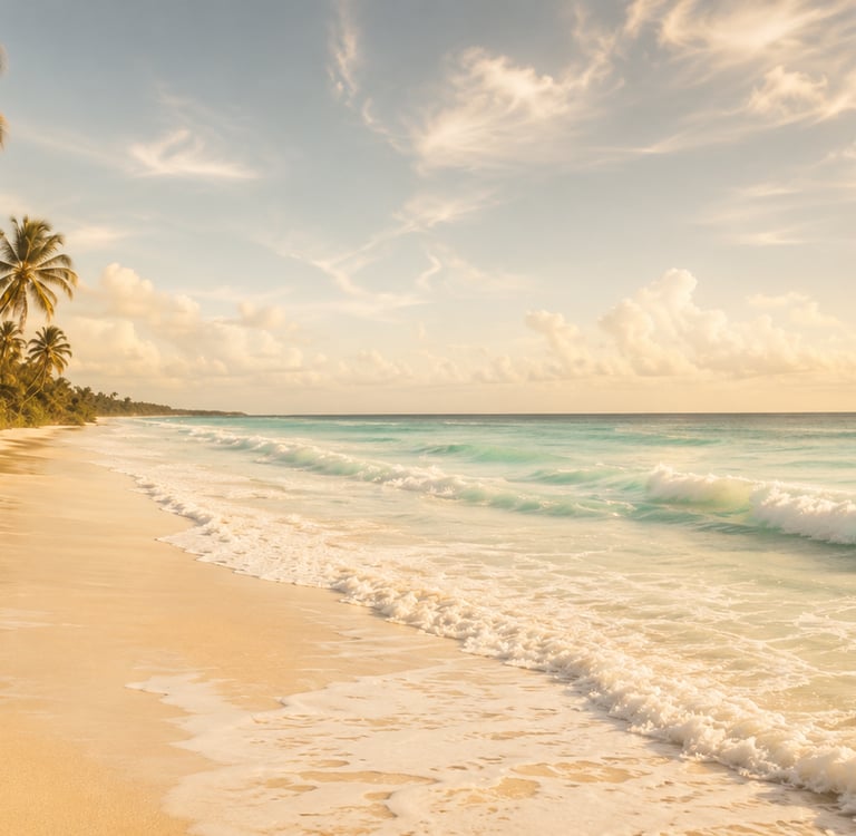Tropical beach landscape with white sand, turquoise waves, and palm trees under a sunny sky.