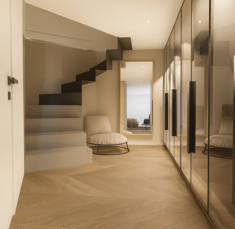 Escalier moderne conçu par 1161 Studio à Alger, avec garde-corps en verre, finitions beiges et éclai