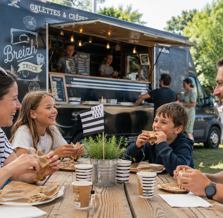 famille partageant un repas autour d'un food truck breton